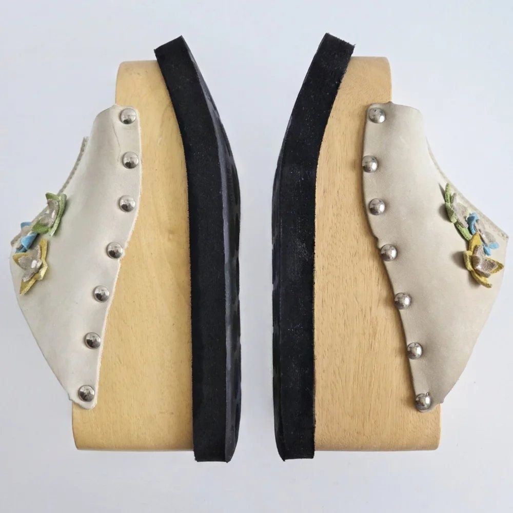 Thick Wood Platforms With Flower, Soft Floppy Leather Uppers & Silver Studs 7.5